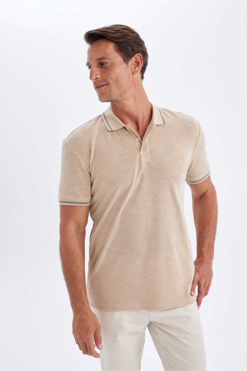Men Beige New Regular Fit Pique Short Sleeve Polo T-Shirt