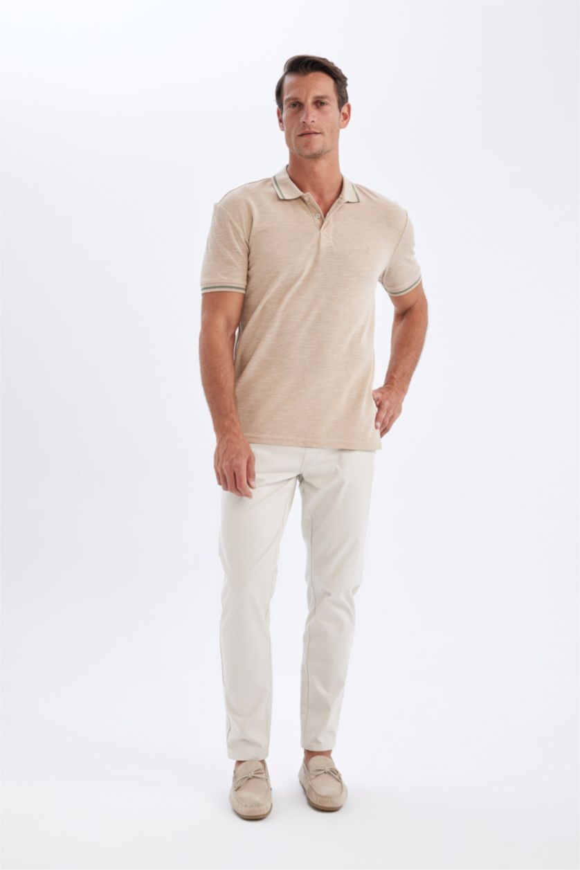 Men Beige New Regular Fit Pique Short Sleeve Polo T-Shirt