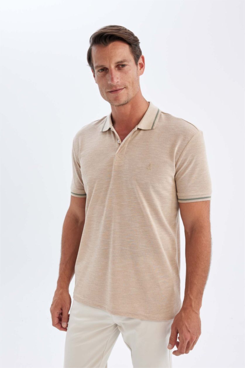 Men Beige New Regular Fit Pique Short Sleeve Polo T-Shirt