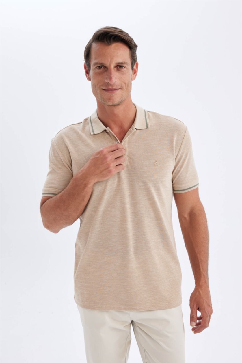 Men Beige New Regular Fit Pique Short Sleeve Polo T-Shirt