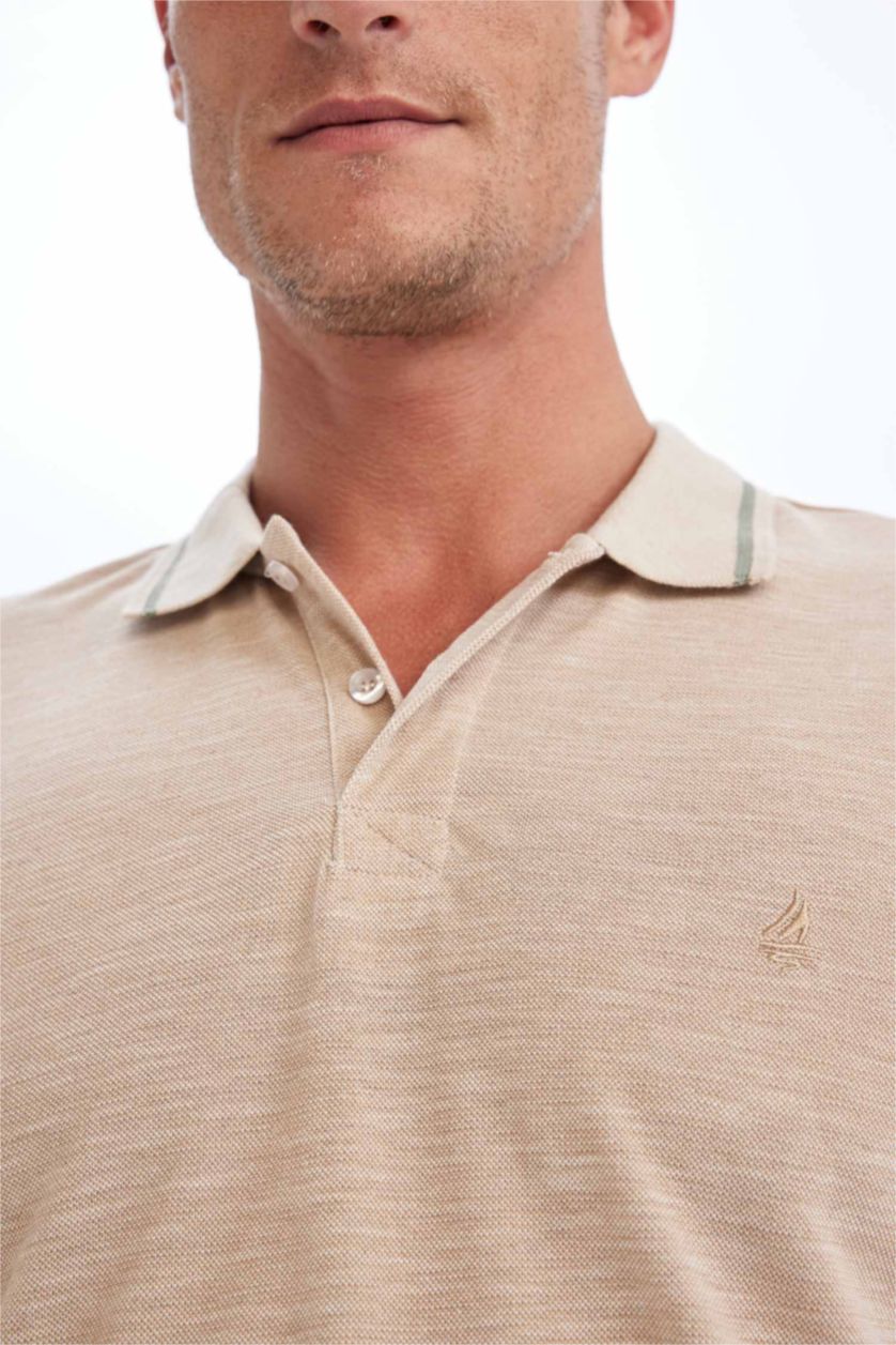 Men Beige New Regular Fit Pique Short Sleeve Polo T-Shirt