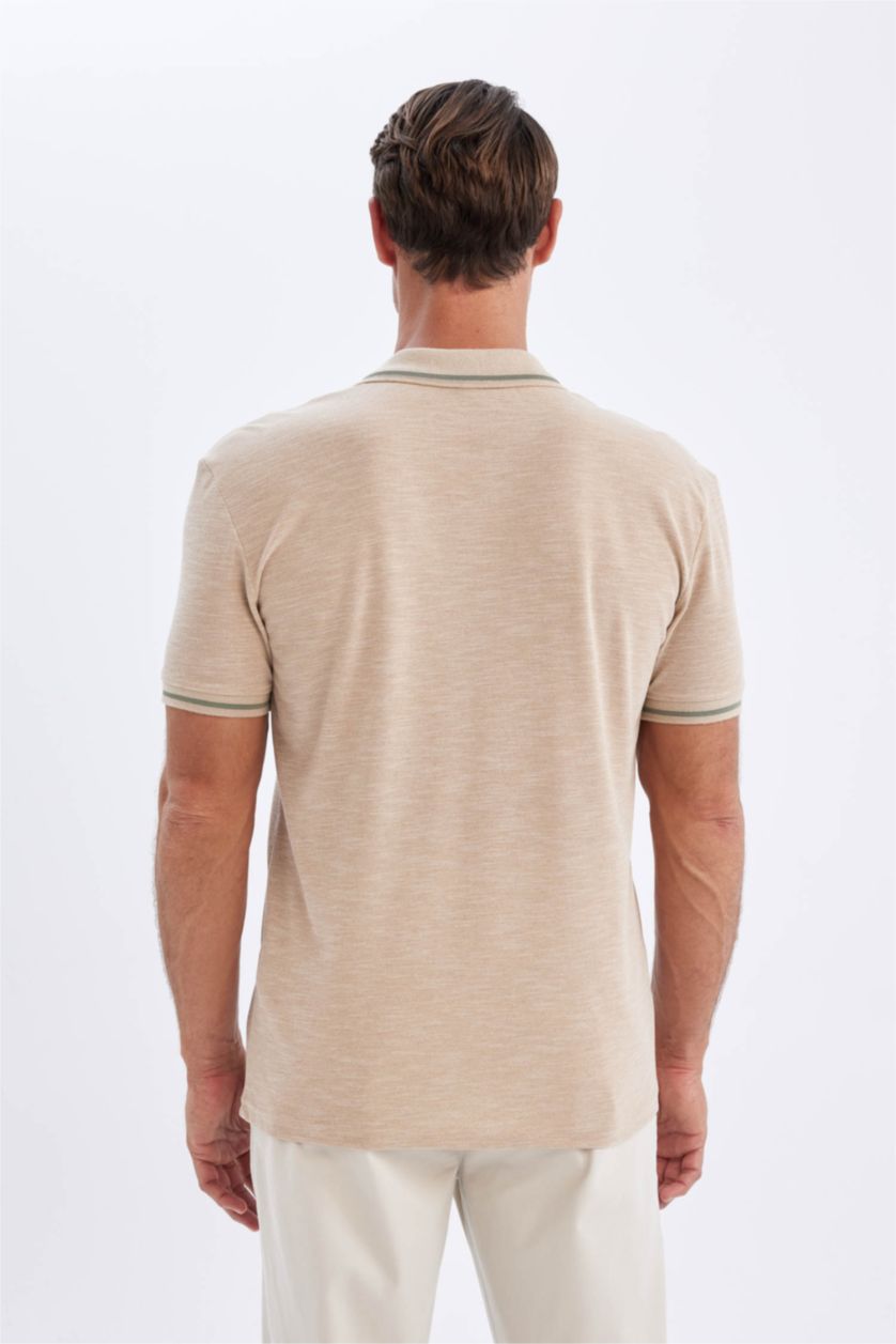 Men Beige New Regular Fit Pique Short Sleeve Polo T-Shirt