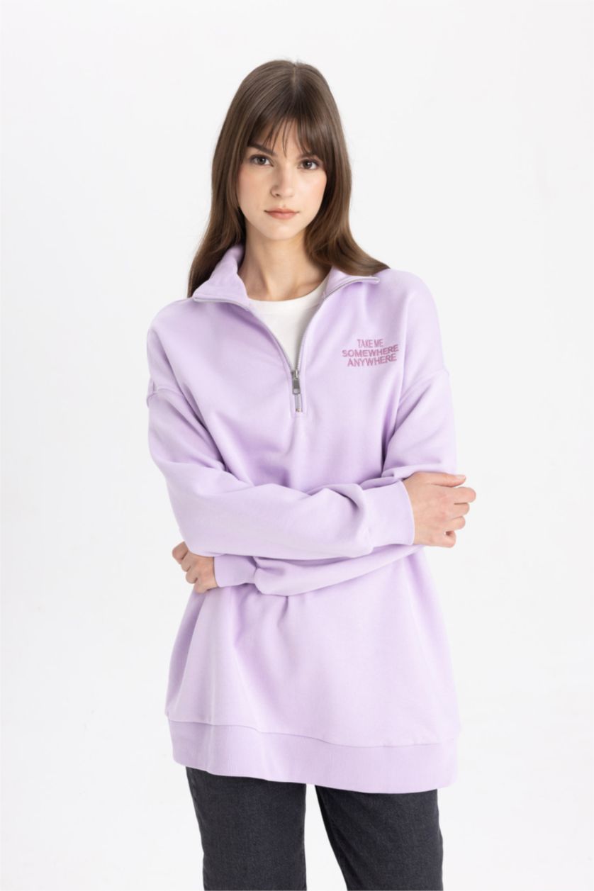 Kadın Lila Fermuarlı Dik Yaka Baskılı İçi Yumuşak Tüylü Sweatshirt Tunik