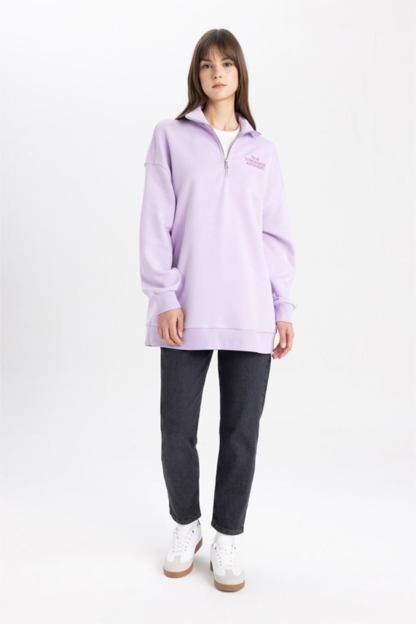 Kadın Lila Fermuarlı Dik Yaka Baskılı İçi Yumuşak Tüylü Sweatshirt Tunik
