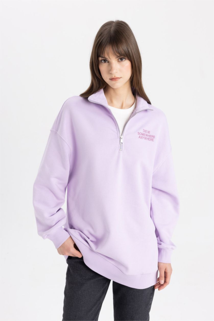 Kadın Lila Fermuarlı Dik Yaka Baskılı İçi Yumuşak Tüylü Sweatshirt Tunik