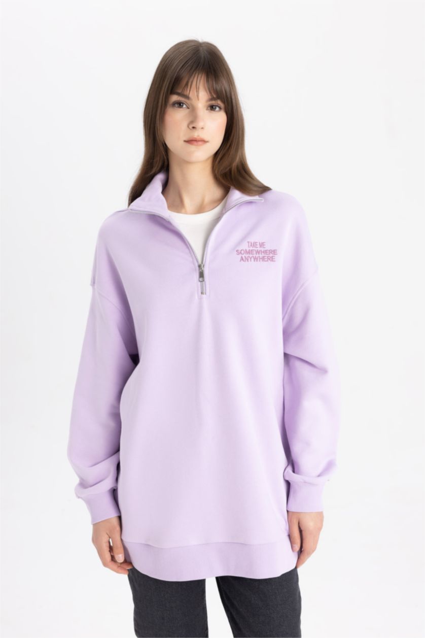 Kadın Lila Fermuarlı Dik Yaka Baskılı İçi Yumuşak Tüylü Sweatshirt Tunik