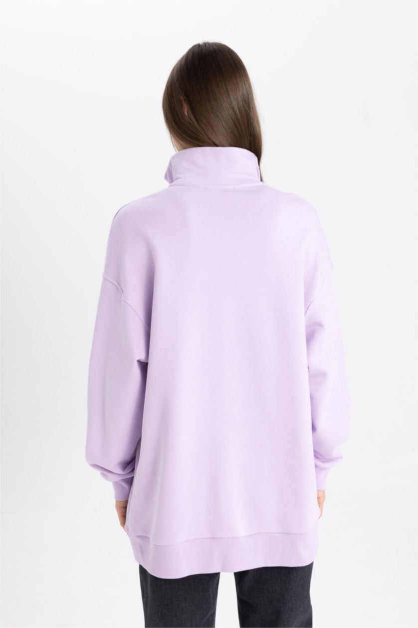Kadın Lila Fermuarlı Dik Yaka Baskılı İçi Yumuşak Tüylü Sweatshirt Tunik