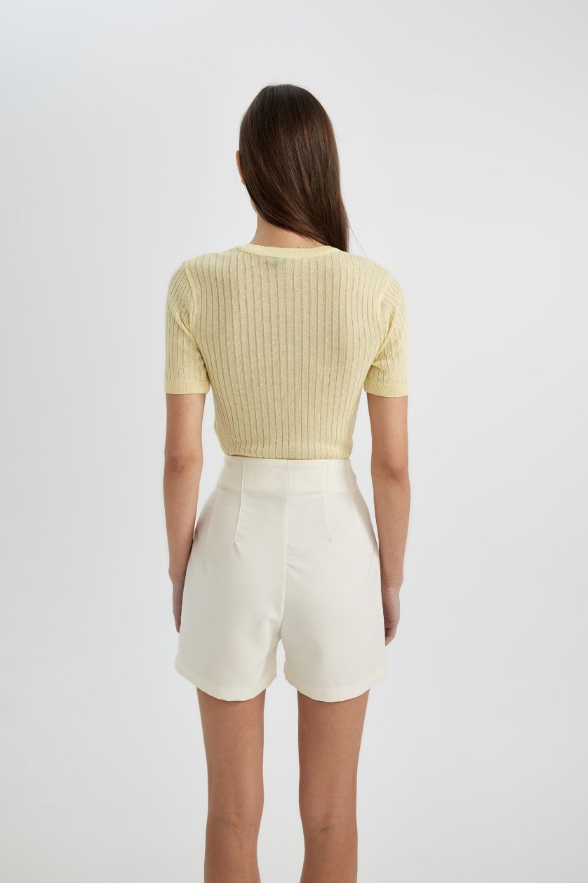 FEMME Jaune Clair T-Shirt en Tricot à Manches Courtes à Col rond