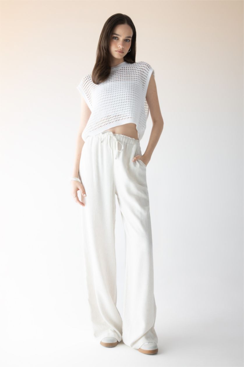 Kadın Bej Keten Karışımlı Pantolon Wide Leg Geniş Bol Paça Basic Düz Çift Cepli Yüksek Bel Standart Boy