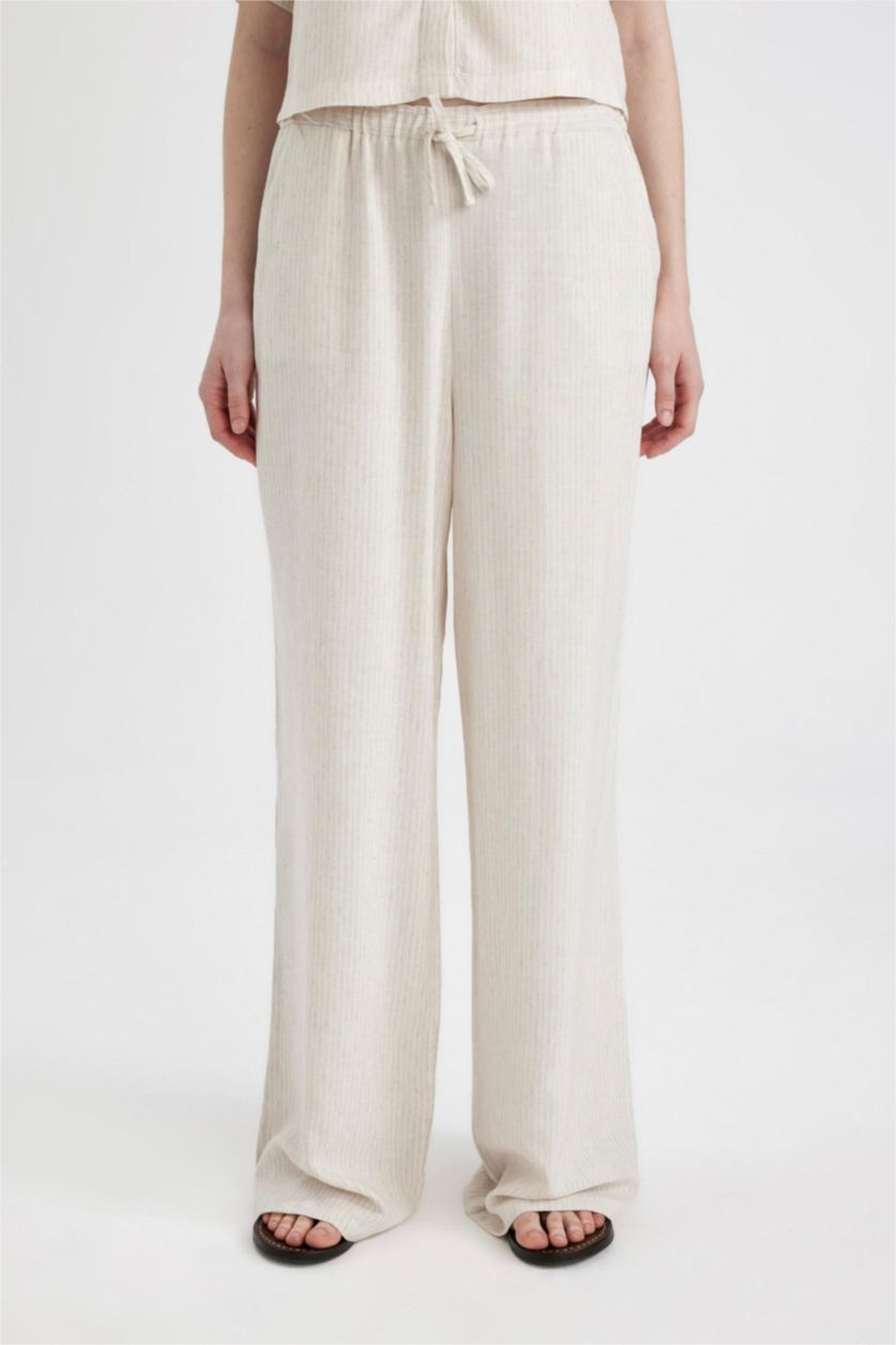 Kadın Bej Keten Karışımlı Pantolon Wide Leg Geniş Bol Paça Basic Düz Çift Cepli Yüksek Bel Standart Boy