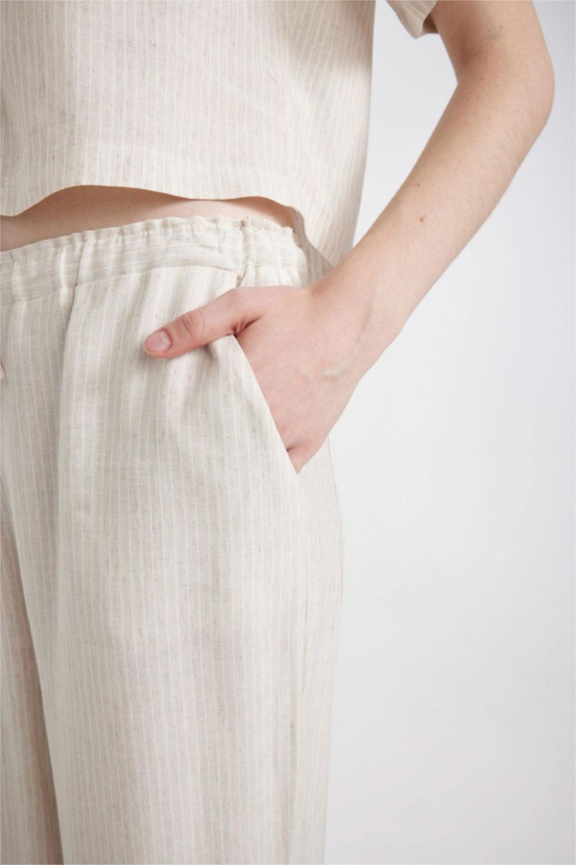 Kadın Bej Keten Karışımlı Pantolon Wide Leg Geniş Bol Paça Basic Düz Çift Cepli Yüksek Bel Standart Boy