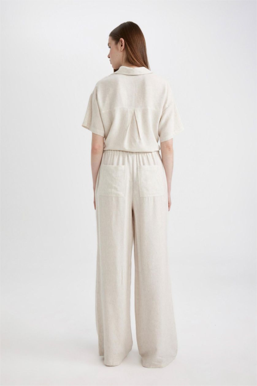 Kadın Bej Keten Karışımlı Pantolon Wide Leg Geniş Bol Paça Basic Düz Çift Cepli Yüksek Bel Standart Boy