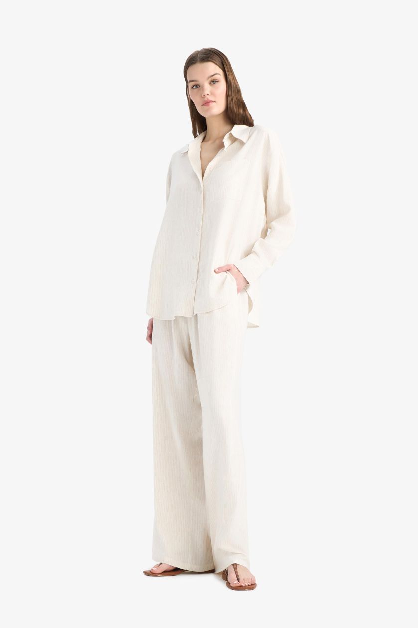 WOMAN Beige Wide Leg Double Pocket Striped Linen Blended Trousers