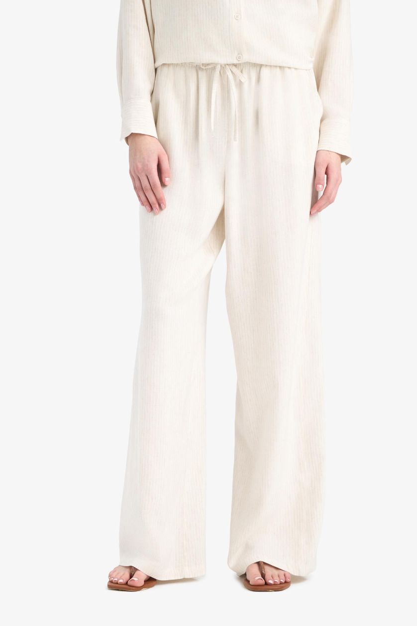 WOMAN Beige Wide Leg Double Pocket Striped Linen Blended Trousers
