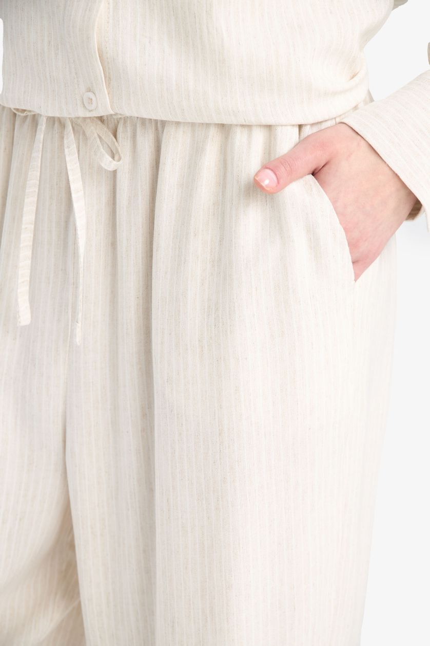 WOMAN Beige Wide Leg Double Pocket Striped Linen Blended Trousers