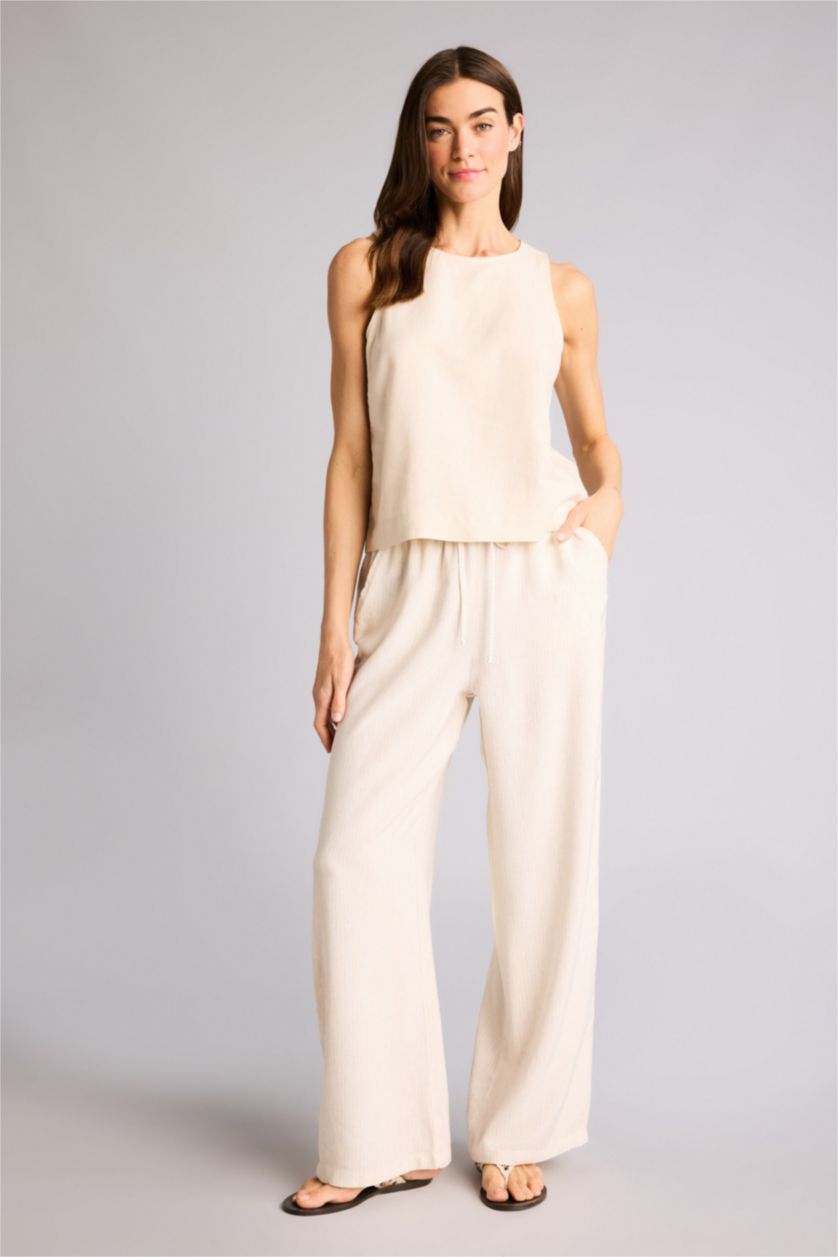 Woman Beige Wide Leg Double Pocket Striped Linen Blended Trousers