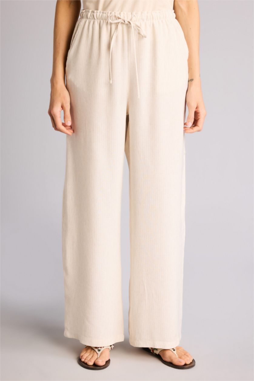 Woman Beige Wide Leg Double Pocket Striped Linen Blended Trousers