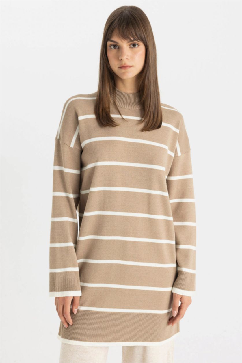 WOMAN Beige Regular Fit Crew Neck Striped Tunic