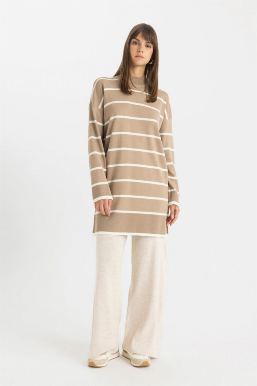 WOMAN Beige Regular Fit Crew Neck Striped Tunic