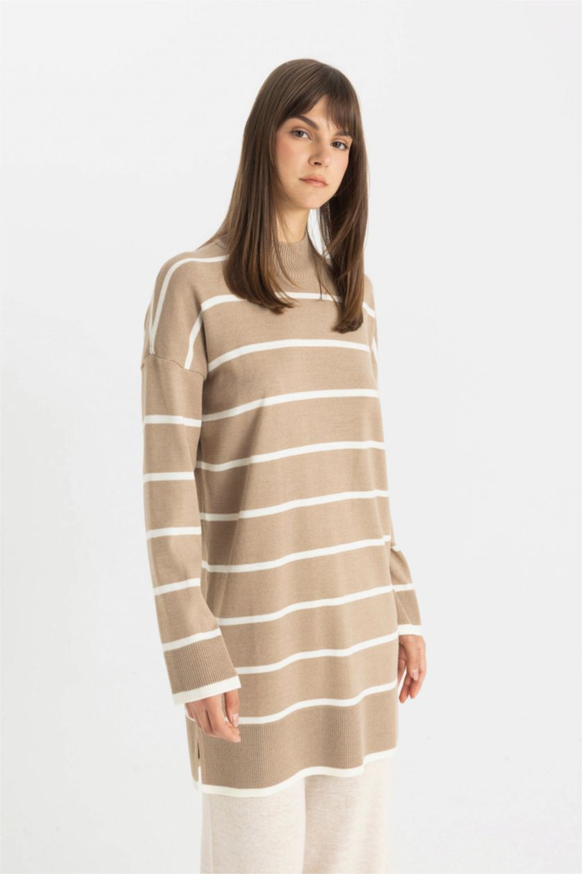 WOMAN Beige Regular Fit Crew Neck Striped Tunic