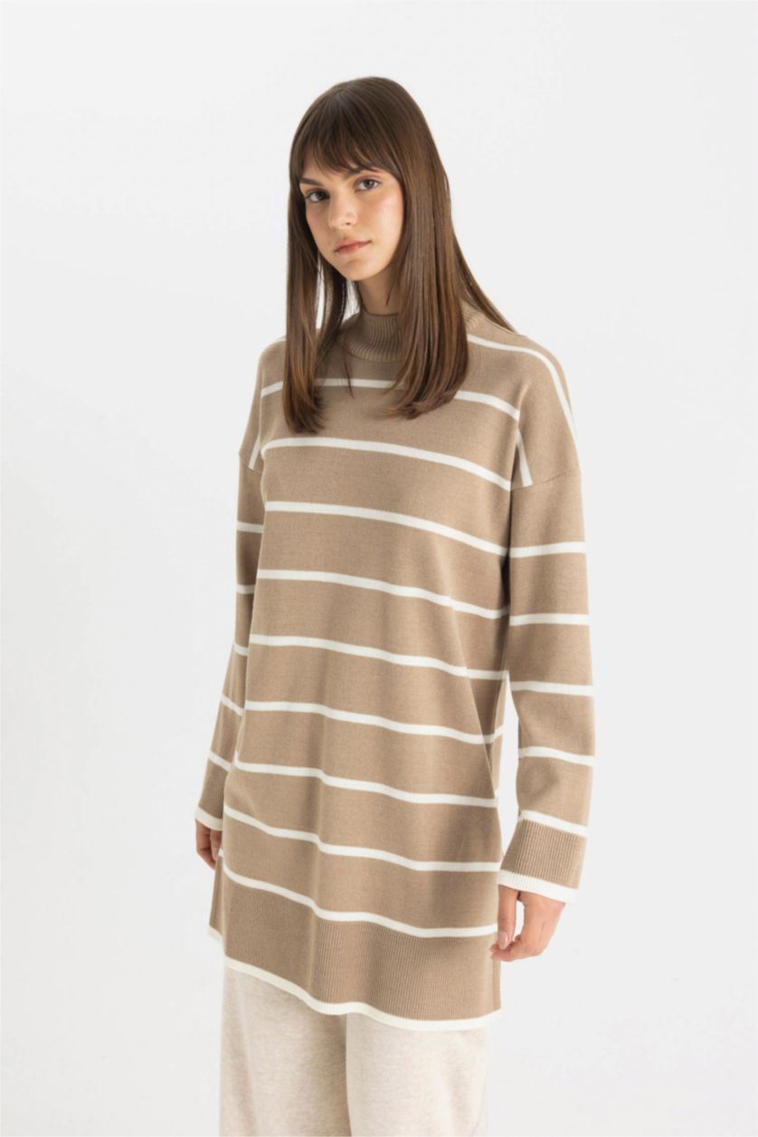 WOMAN Beige Regular Fit Crew Neck Striped Tunic