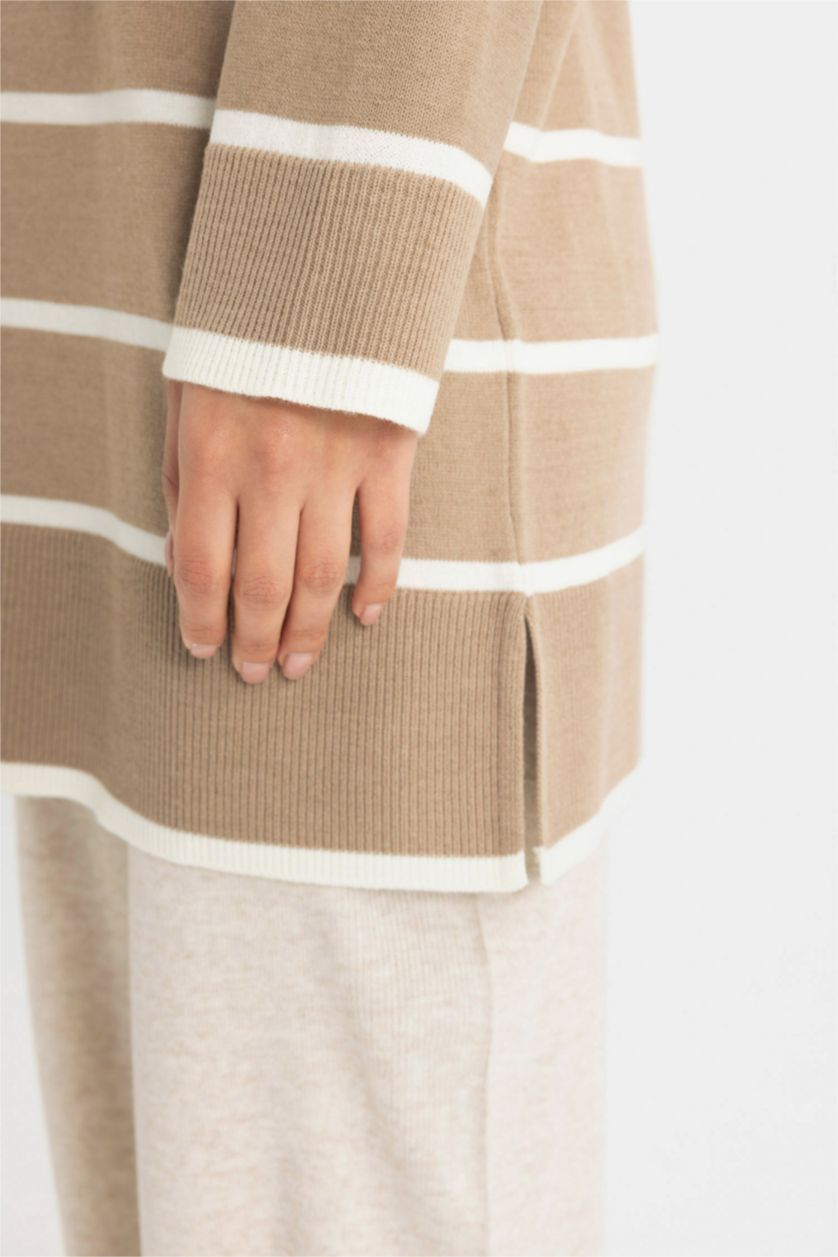 WOMAN Beige Regular Fit Crew Neck Striped Tunic