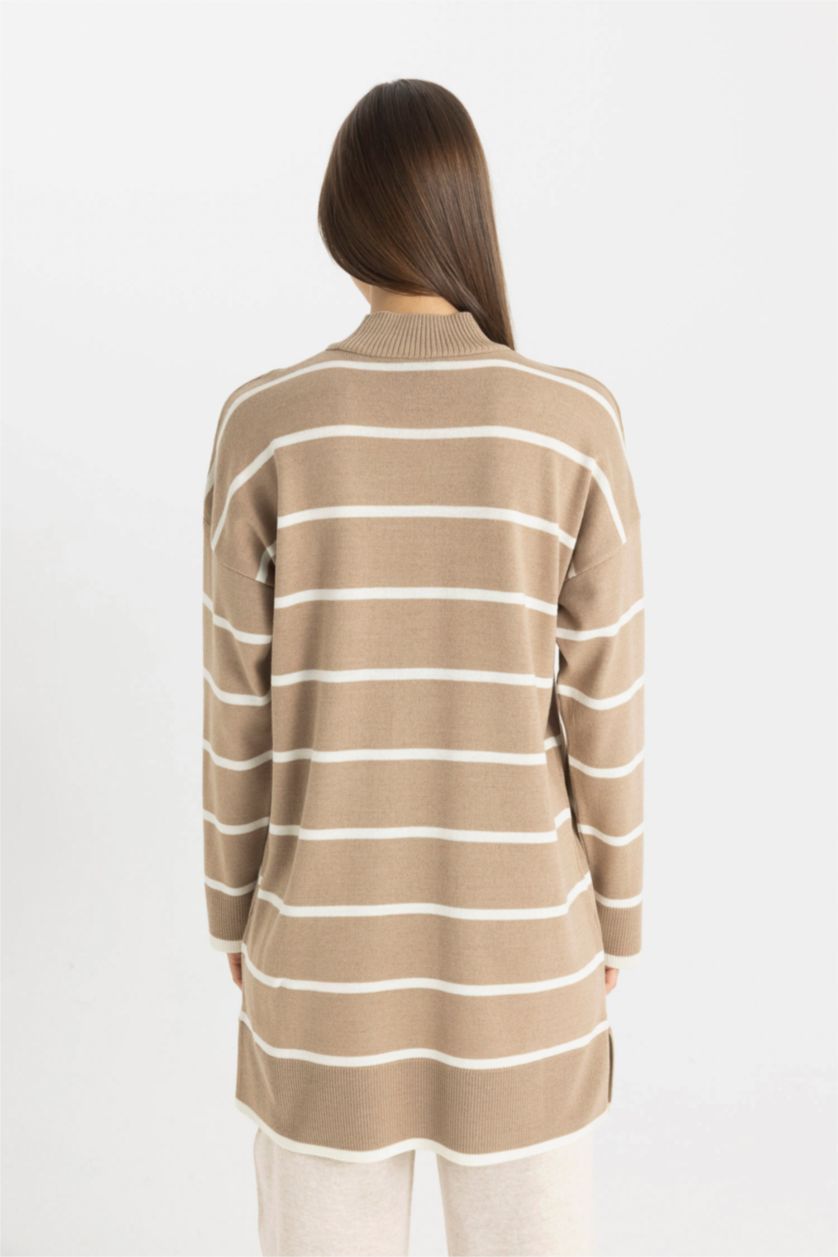 WOMAN Beige Regular Fit Crew Neck Striped Tunic