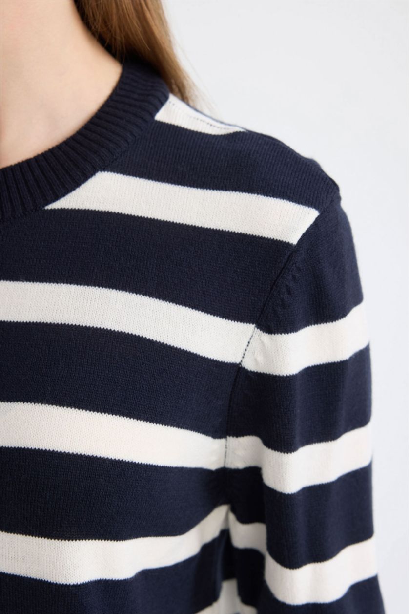 Kadın Lacivert Regular Fit Bisiklet Yaka Çizgili Uzun Kollu Triko Kazak Tunik