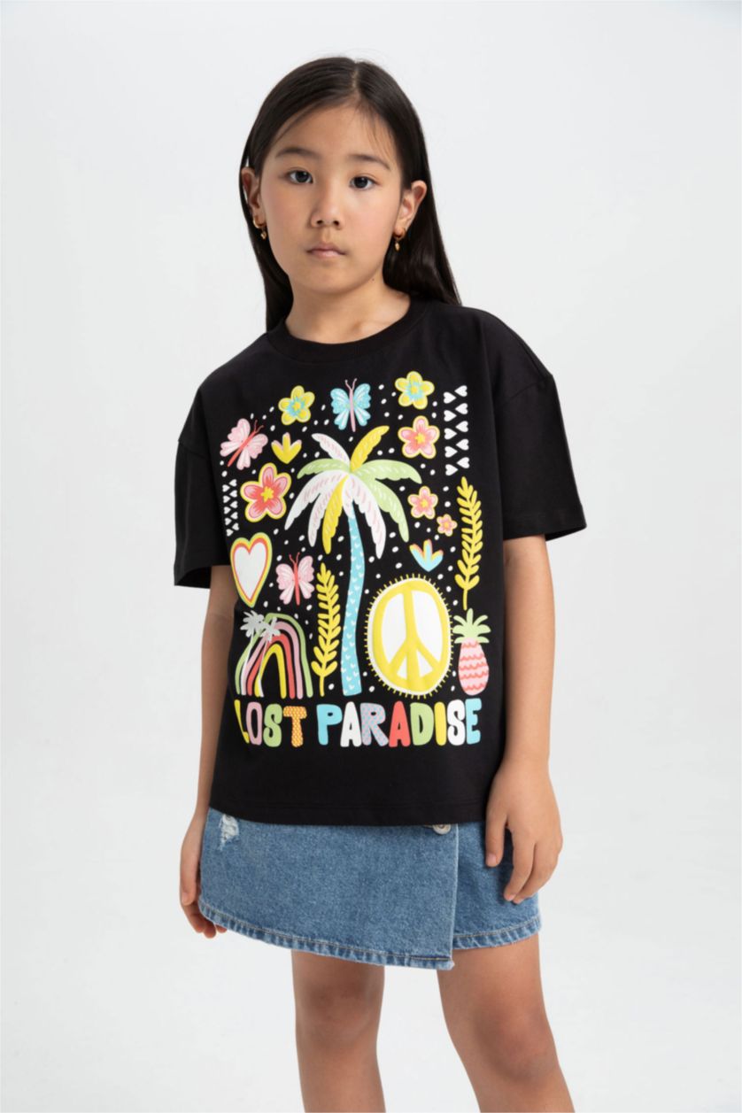 Kız Çocuk - Genç Kız Siyah Kız Çocuk Oversize Geniş Kalıp Bisiklet Yaka Baskılı Kısa Kollu Tişört