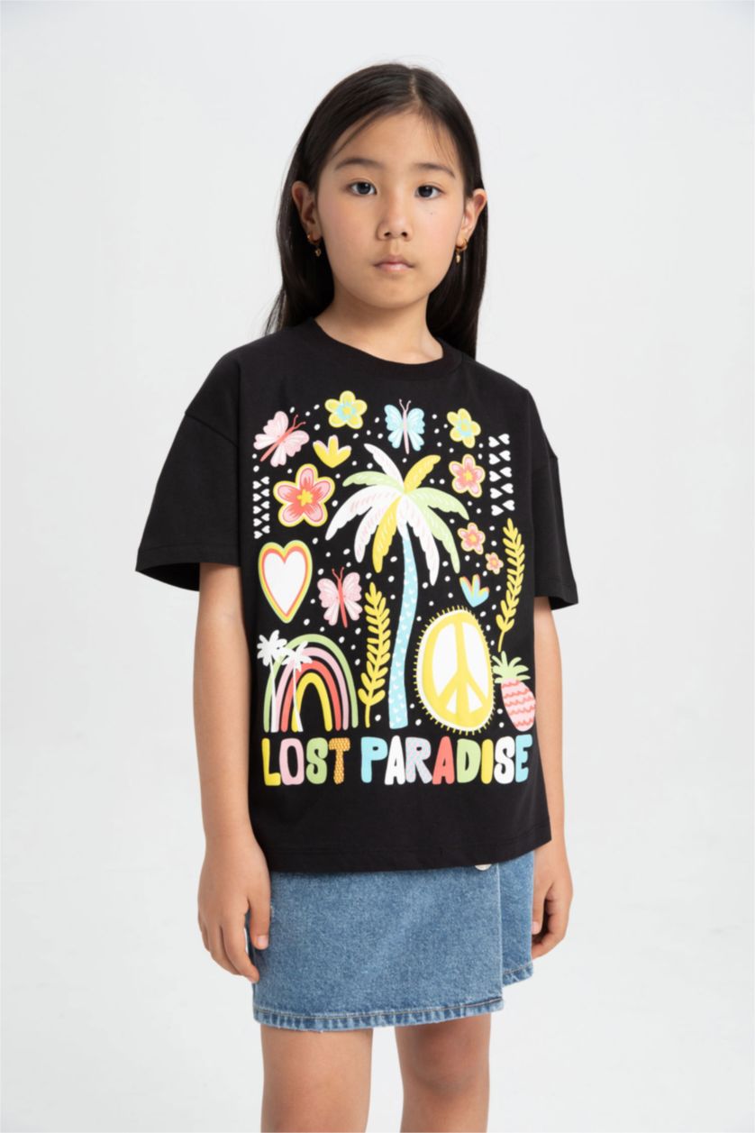 Kız Çocuk - Genç Kız Siyah Kız Çocuk Oversize Geniş Kalıp Bisiklet Yaka Baskılı Kısa Kollu Tişört