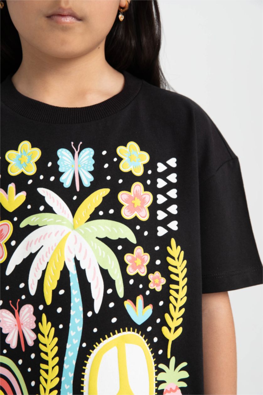 Kız Çocuk - Genç Kız Siyah Kız Çocuk Oversize Geniş Kalıp Bisiklet Yaka Baskılı Kısa Kollu Tişört