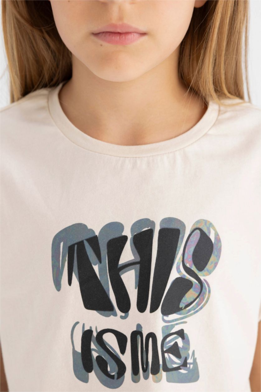 بنات بيج تيشيرت بناتي نص ردن مطبوع وياخة مستديرة