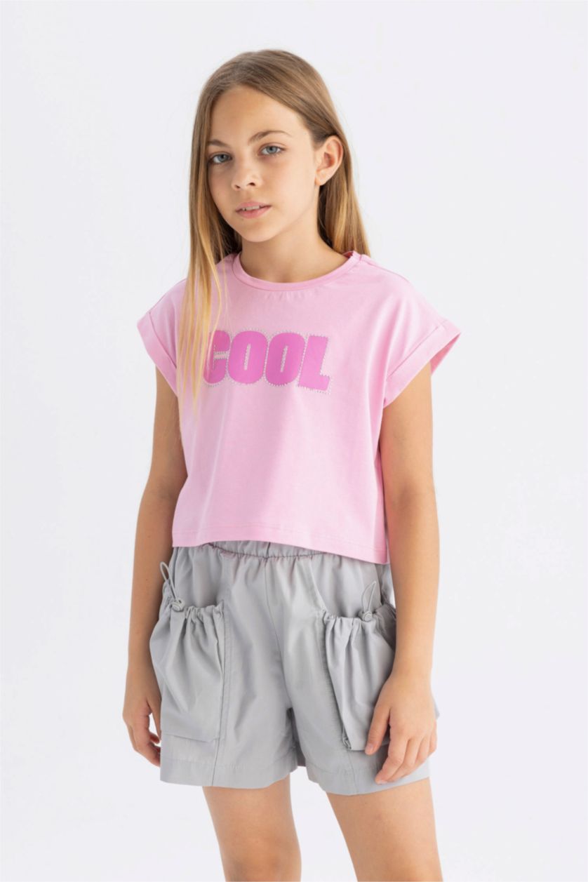 Kız Çocuk - Genç Kız Pembe Bisiklet Yaka Baskılı Kısa Kollu Tişört Kız Çocuk