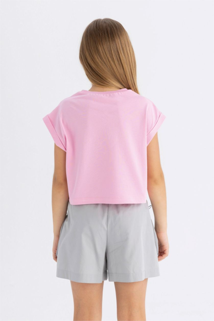 Kız Çocuk - Genç Kız Pembe Bisiklet Yaka Baskılı Kısa Kollu Tişört Kız Çocuk