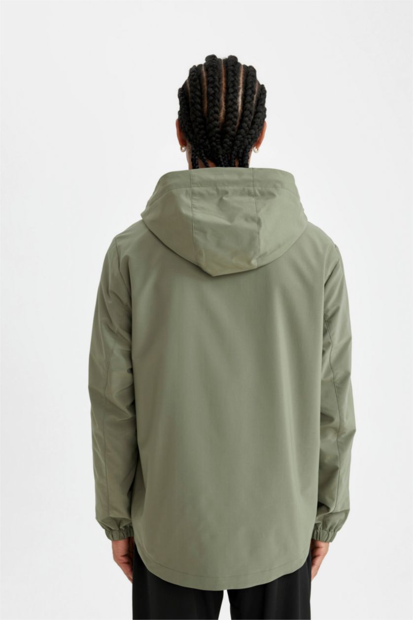 Erkek Açık Haki Su İtici Regular Fit Polar Kapüşonlu Fermuarlı Yağmurluk