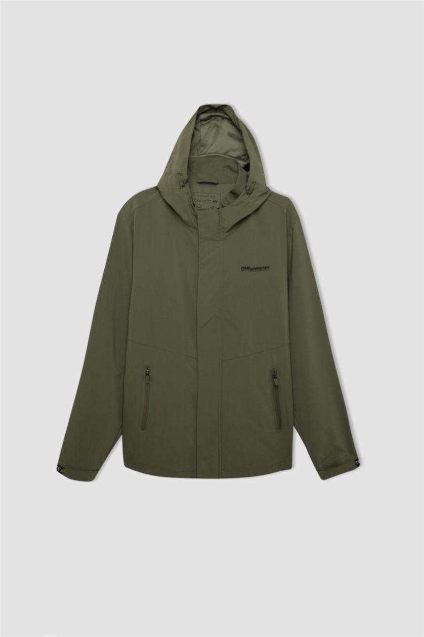 Erkek Açık Haki Su İtici Regular Fit Polar Kapüşonlu Fermuarlı Yağmurluk