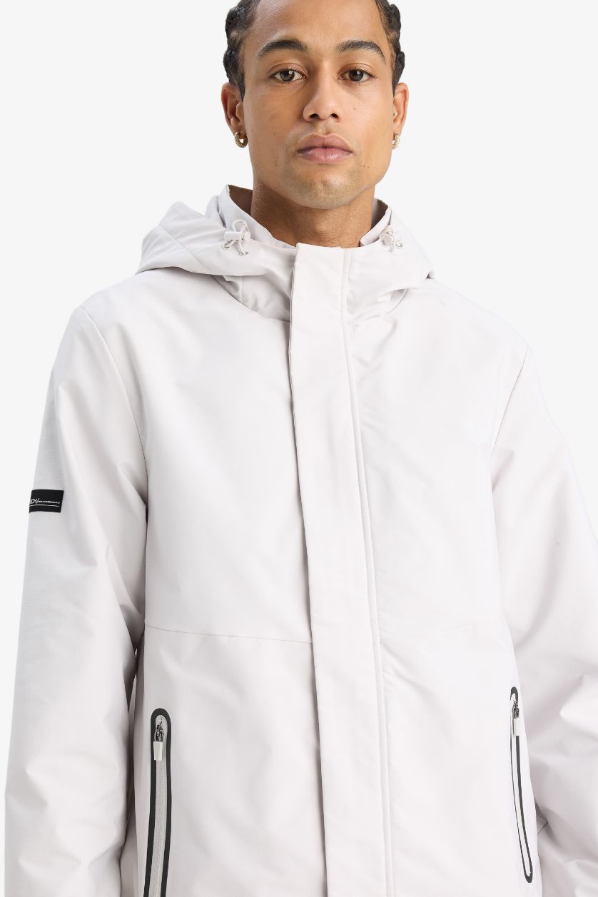 Erkek Taş Su İtici Regular Fit Polar Kapüşonlu Fermuarlı Yağmurluk