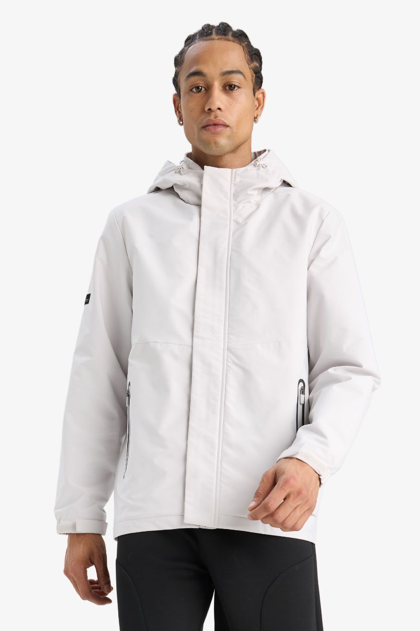 Erkek Taş Su İtici Regular Fit Polar Kapüşonlu Fermuarlı Yağmurluk