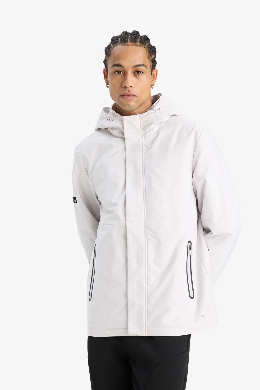 Erkek Taş Su İtici Regular Fit Polar Kapüşonlu Fermuarlı Yağmurluk