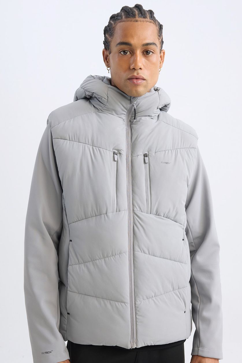 Erkek Gri Su İtici Regular Fit Kapüşonlu Rüzgar Geçirmez Fermuarlı Mont