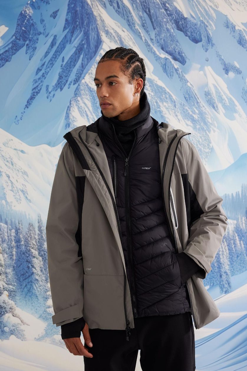 Erkek Haki Su İtici İnce Yağmurluk,Kalın Mont 2'li Takım Kapüşonlu Rüzgar Geçirmez Fermuarlı Mont