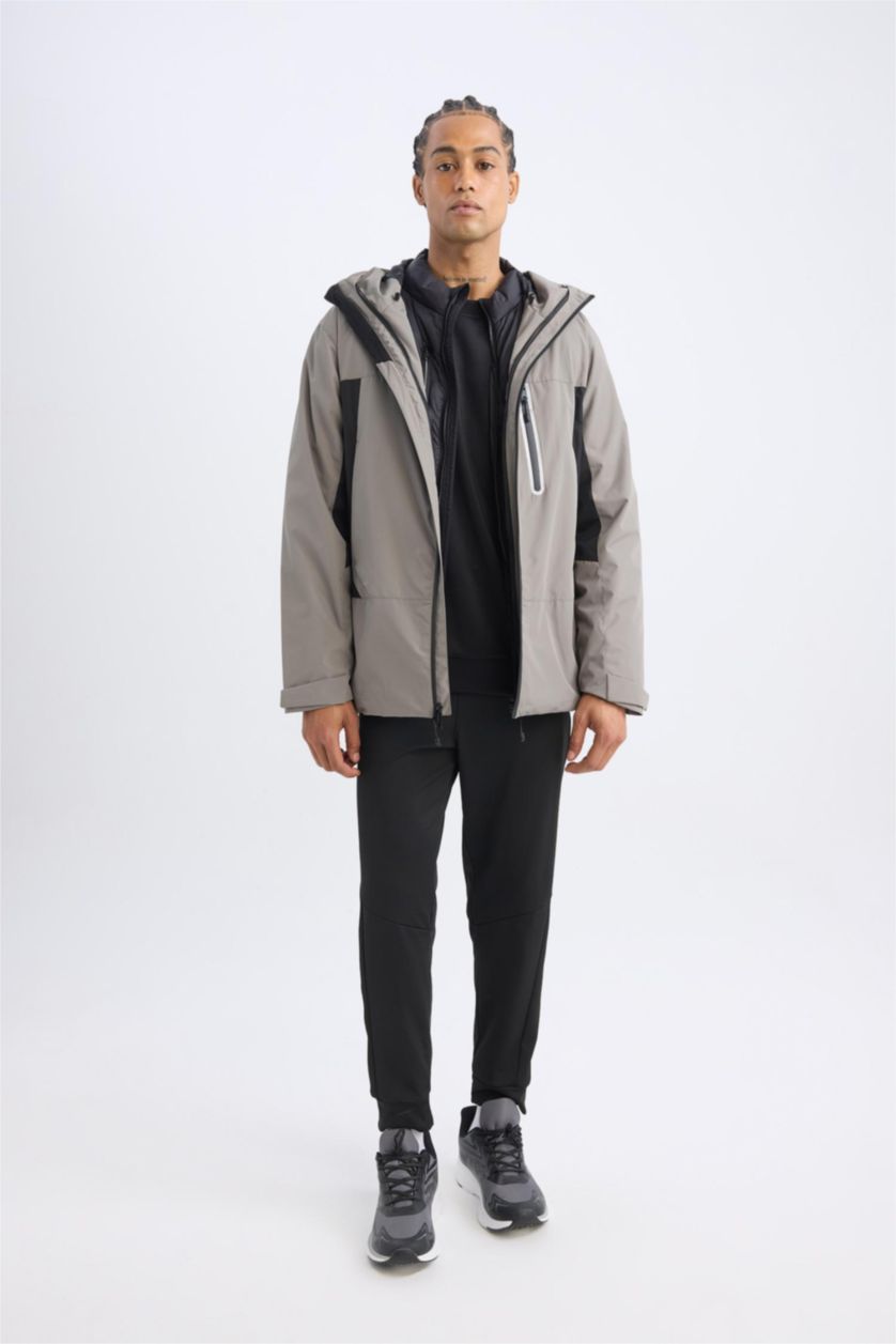 Erkek Haki Su İtici İnce Yağmurluk,Kalın Mont 2'li Takım Kapüşonlu Rüzgar Geçirmez Fermuarlı Mont