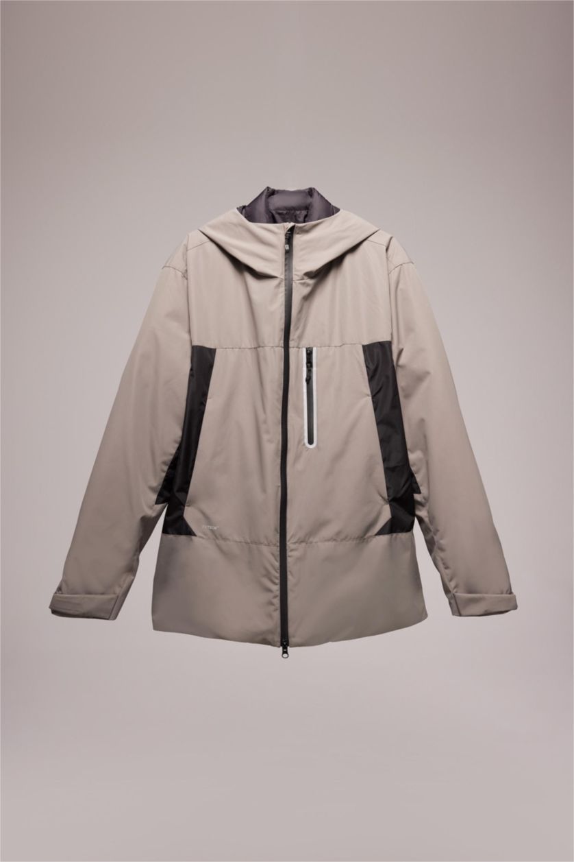 Erkek Haki Su İtici İnce Yağmurluk,Kalın Mont 2'li Takım Kapüşonlu Rüzgar Geçirmez Fermuarlı Mont