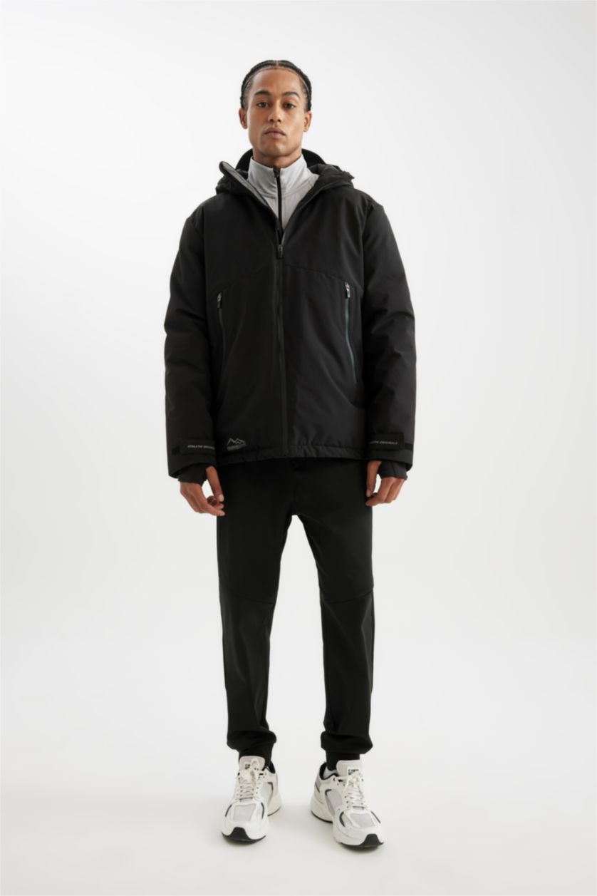 Erkek Siyah Termometreli Mont Parka Su Geçirmez Rüzgar Geçirmez Slim Fit Dar Kesim Kapüşonlu Fermuarlı
