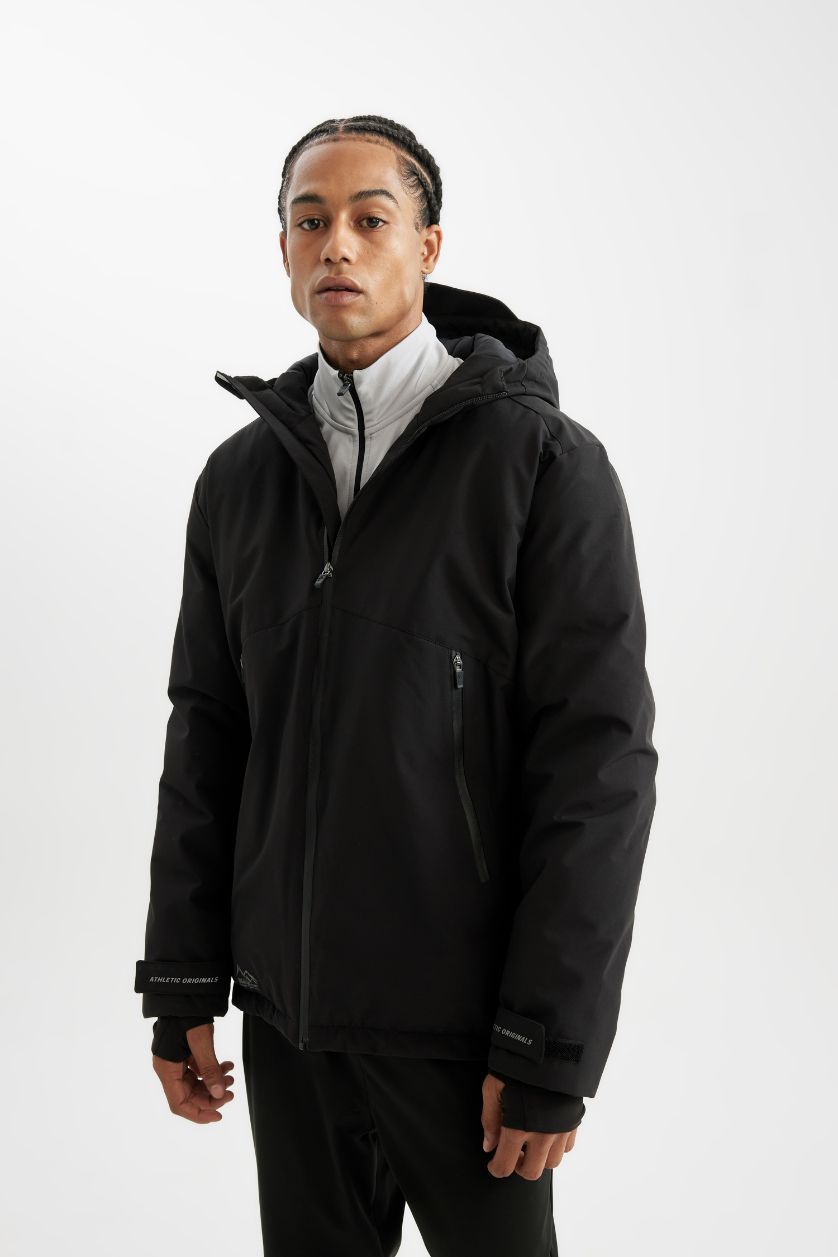 Erkek Siyah Termometreli Mont Parka Su Geçirmez Rüzgar Geçirmez Slim Fit Dar Kesim Kapüşonlu Fermuarlı