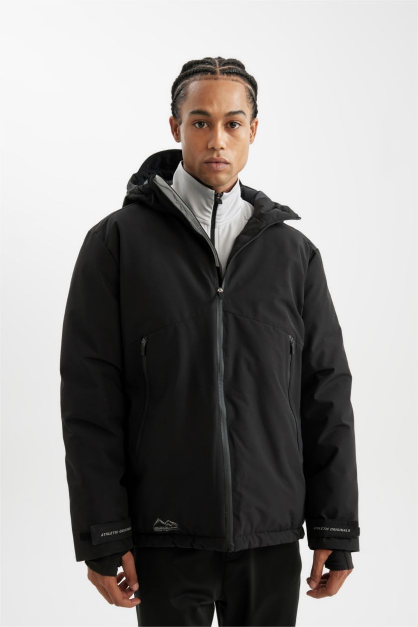 Erkek Siyah Termometreli Mont Parka Su Geçirmez Rüzgar Geçirmez Slim Fit Dar Kesim Kapüşonlu Fermuarlı