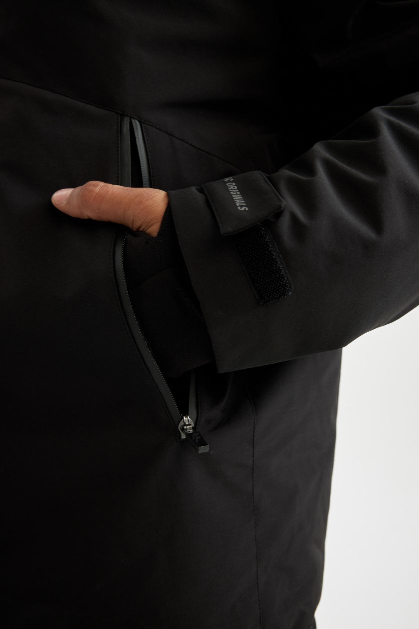Erkek Siyah Termometreli Mont Parka Su Geçirmez Rüzgar Geçirmez Slim Fit Dar Kesim Kapüşonlu Fermuarlı