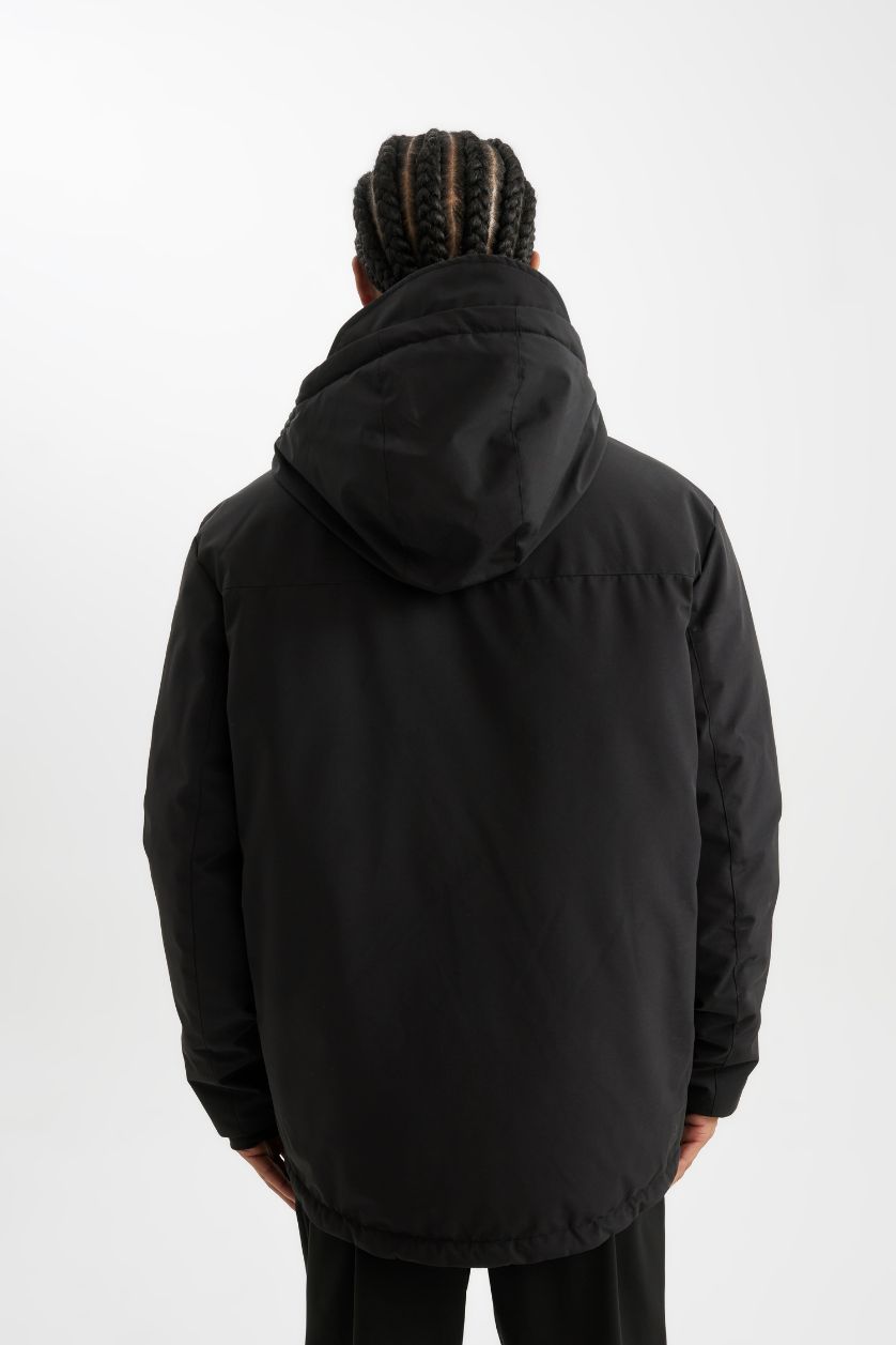 Erkek Siyah Termometreli Mont Parka Su Geçirmez Rüzgar Geçirmez Slim Fit Dar Kesim Kapüşonlu Fermuarlı