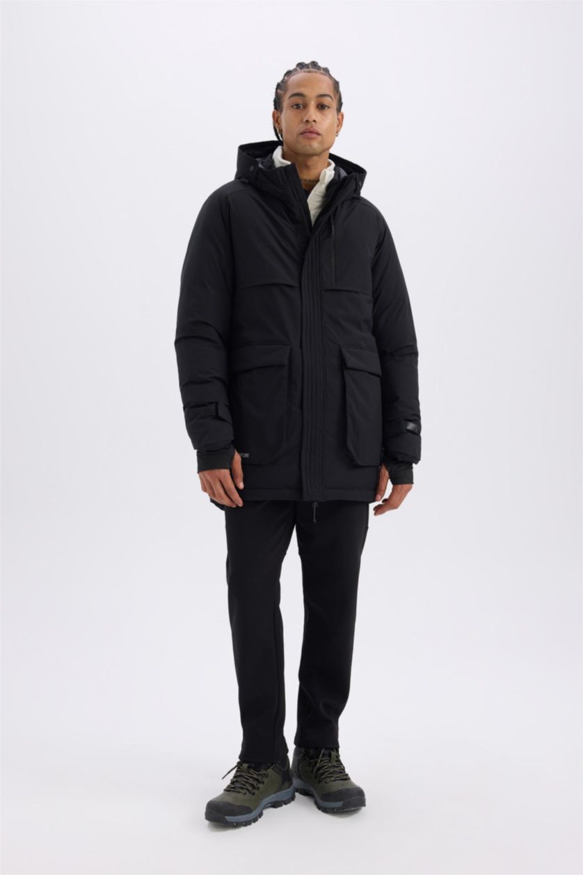 Erkek Siyah Su İtici Regular Fit Kapüşonlu Rüzgar Geçirmez Parka Mont