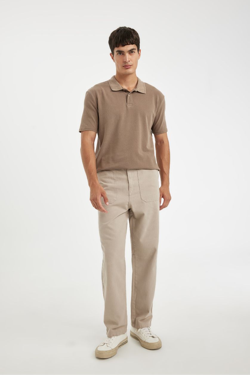 رجالي اللون الرملي تيشيرت قطن بولو بيكيه نص كم قصة عادية